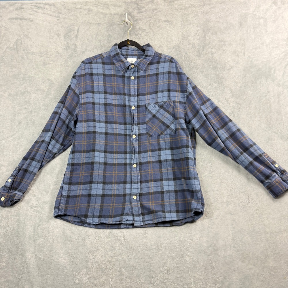 H&M Mens Large Blue Plaid Flannel Relaxed Fit Cotton Button Down Shirt Gorpcore